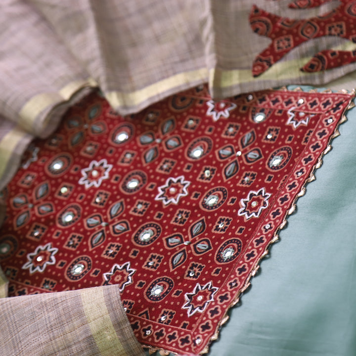 Noor Sage Green Ajrak Print Neck Patch with Patra Glazed Cotton Suit Set