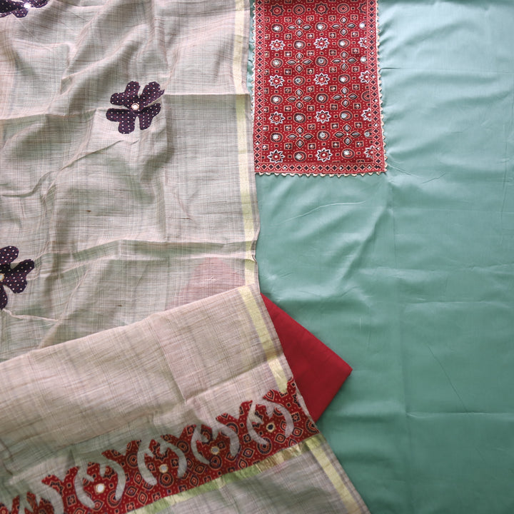 Noor Sage Green Ajrak Print Neck Patch with Patra Glazed Cotton Suit Set
