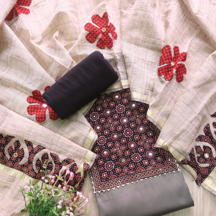 Noor Soil Grey Ajrak Print Neck Patch with Patra Glazed Cotton Suit Set