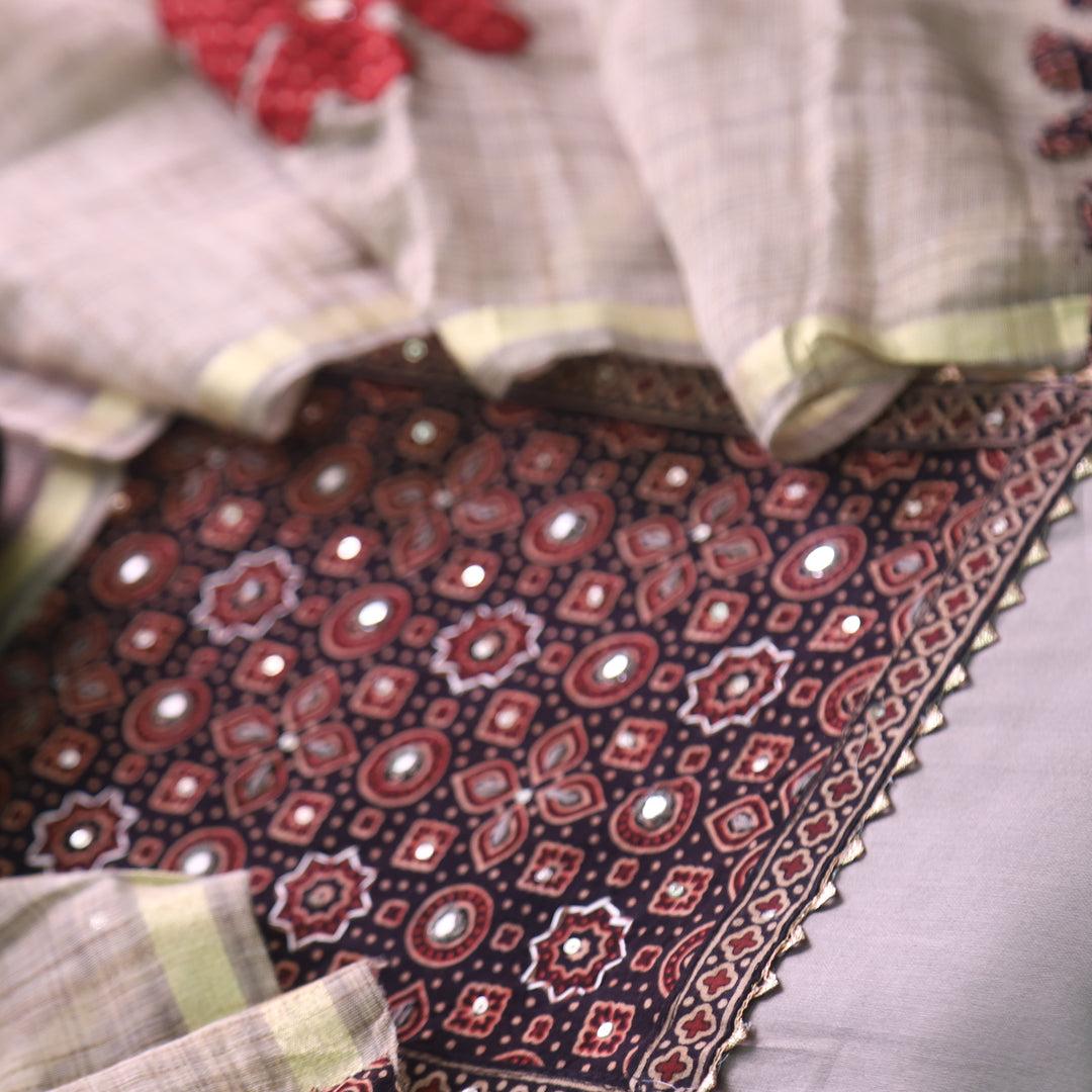 Noor Soil Grey Ajrak Print Neck Patch with Patra Glazed Cotton Suit Set