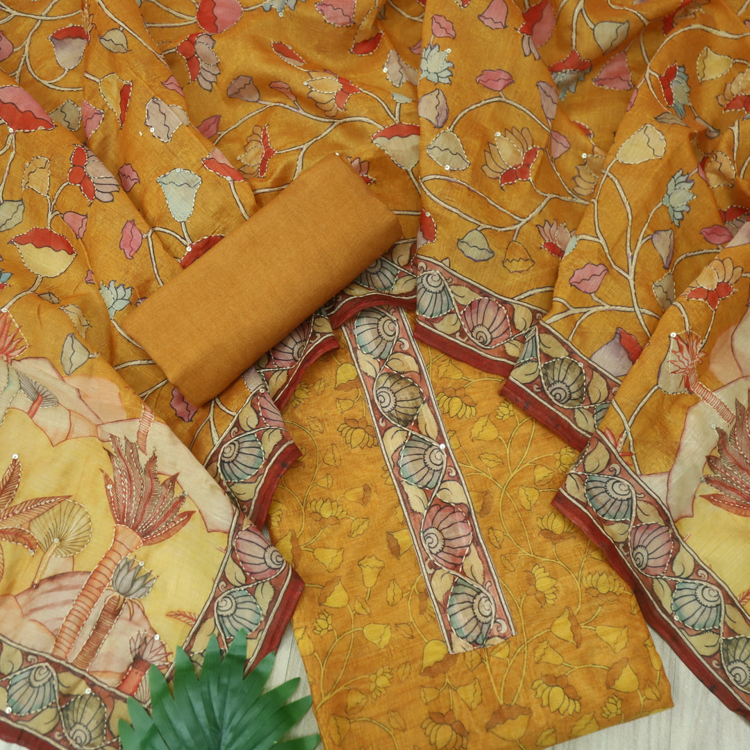 Kohinoor Canary Yellow Digital Pichwai Print Kantha Work Chanderi Suit Set