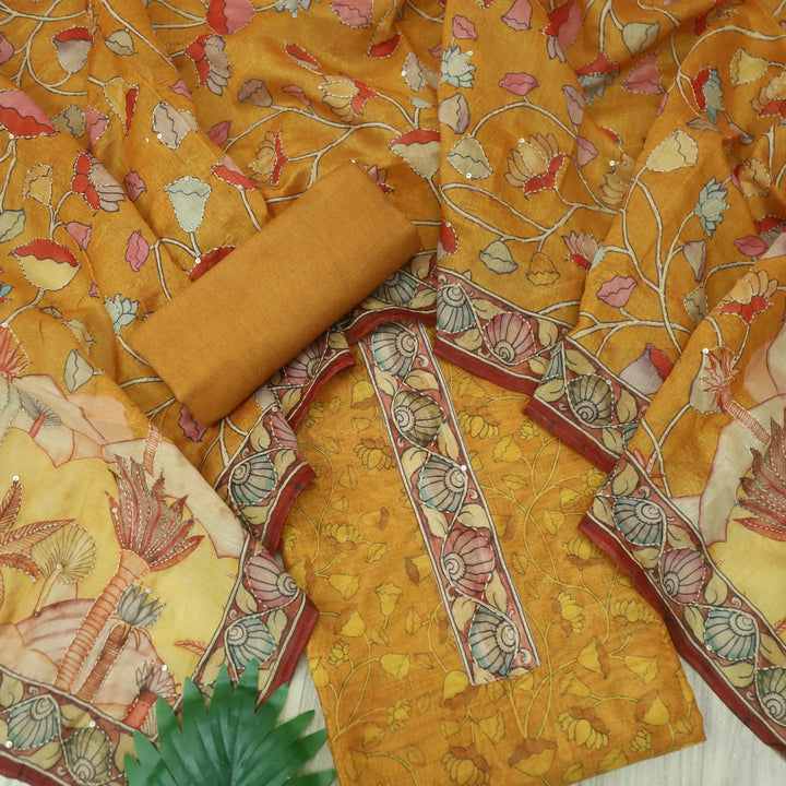 Kohinoor Canary Yellow Digital Pichwai Print Kantha Work Chanderi Suit Set
