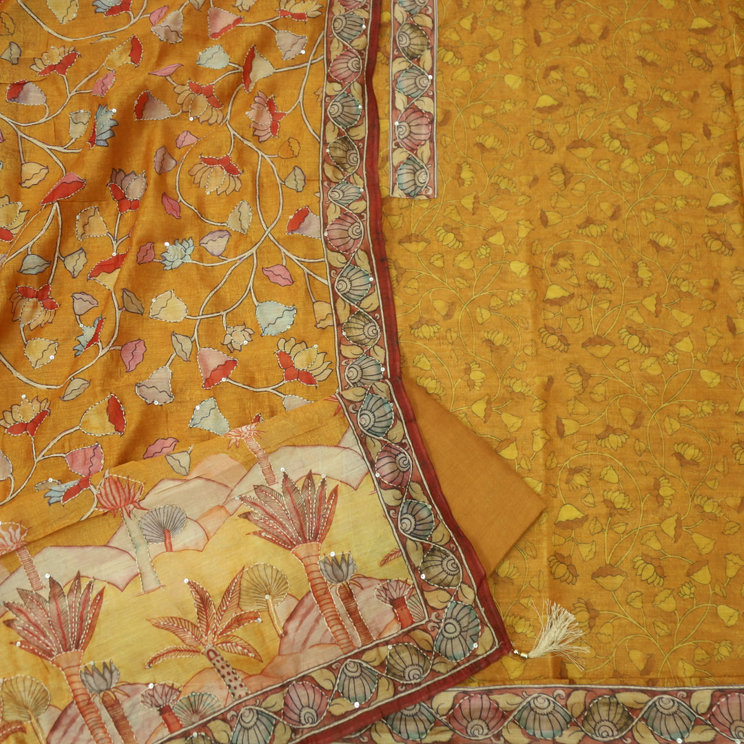 Kohinoor Canary Yellow Digital Pichwai Print Kantha Work Chanderi Suit Set