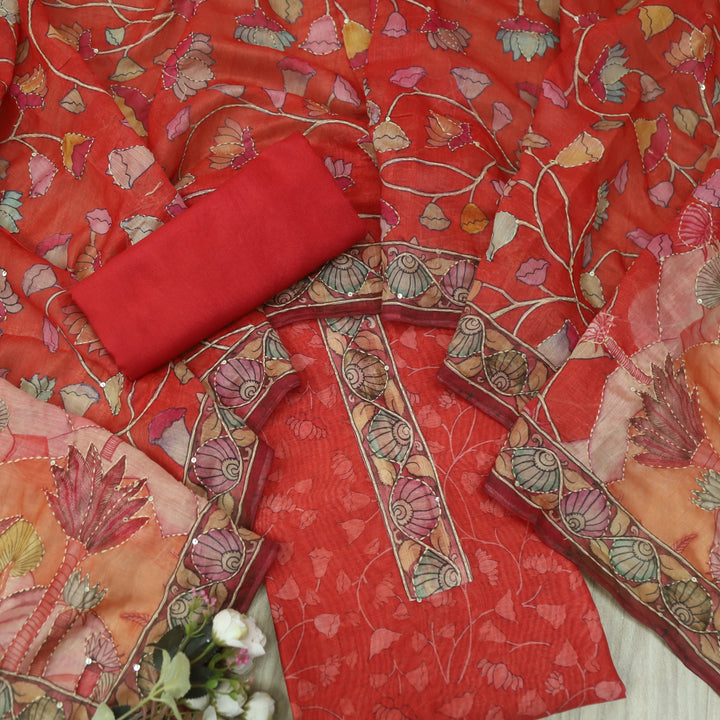 Kohinoor Carrot Orange Digital Pichwai Print Kantha Work Chanderi Suit Set
