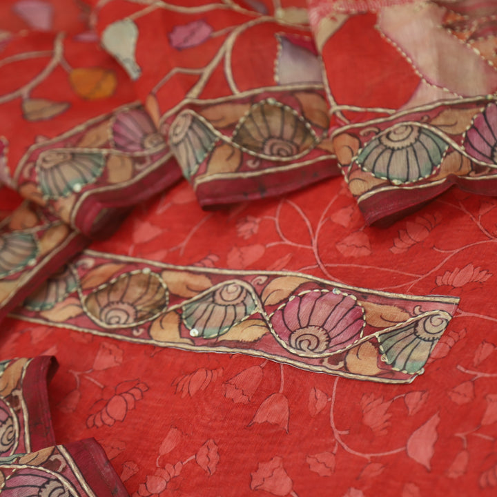 Kohinoor Carrot Orange Digital Pichwai Print Kantha Work Chanderi Suit Set
