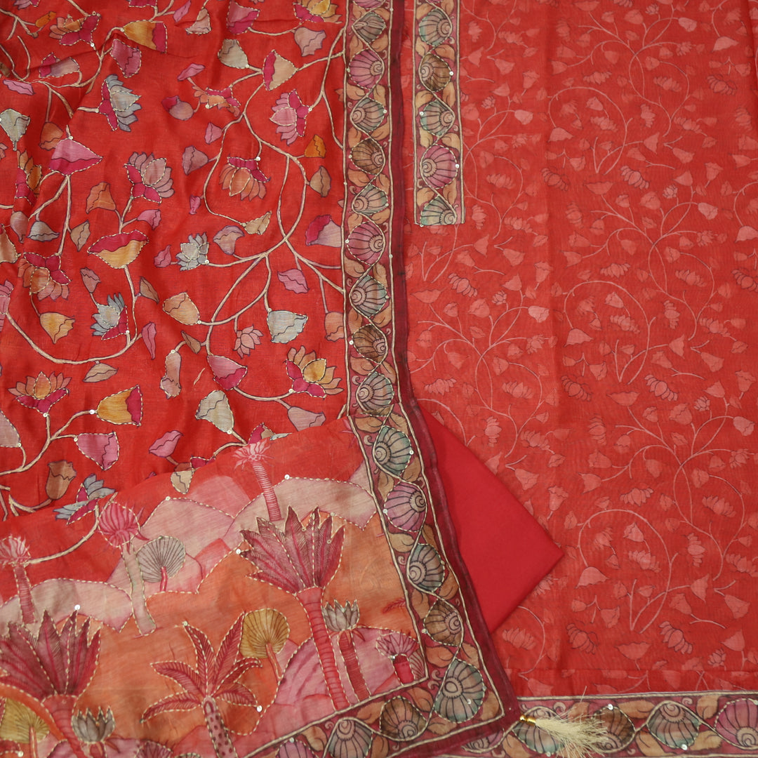 Kohinoor Carrot Orange Digital Pichwai Print Kantha Work Chanderi Suit Set