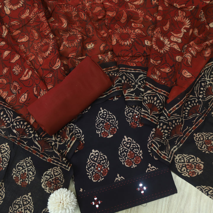 Sobiya Black Printed Top with Red Printed Dupatta Cotton Suit Set D2