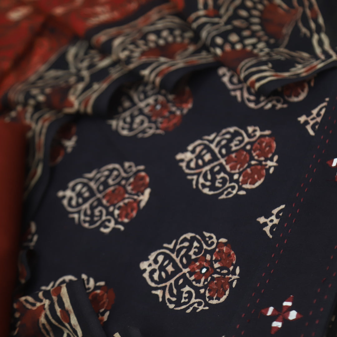 Sobiya Black Printed Top with Red Printed Dupatta Cotton Suit Set D2