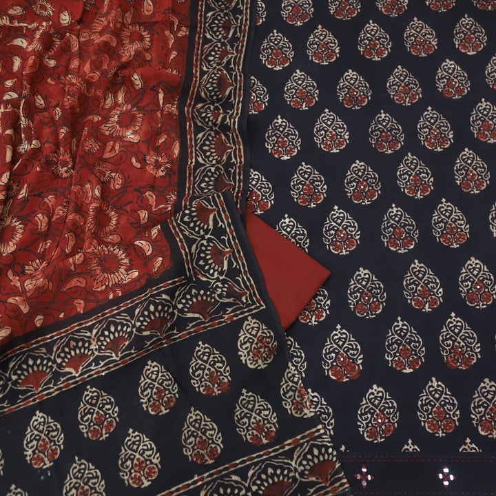 Sobiya Black Printed Top with Red Printed Dupatta Cotton Suit Set D2