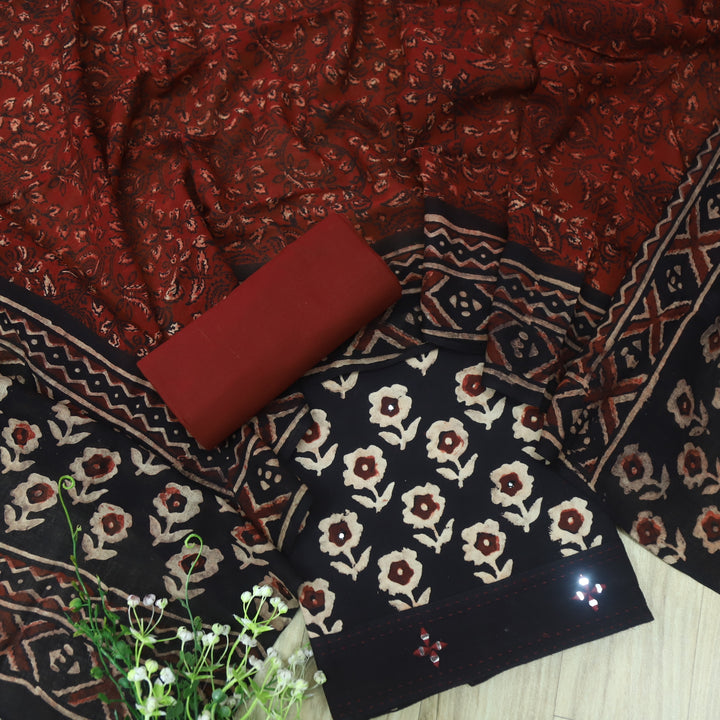 Sobiya Black Printed Top with Red Printed Dupatta Cotton Suit Set-D3