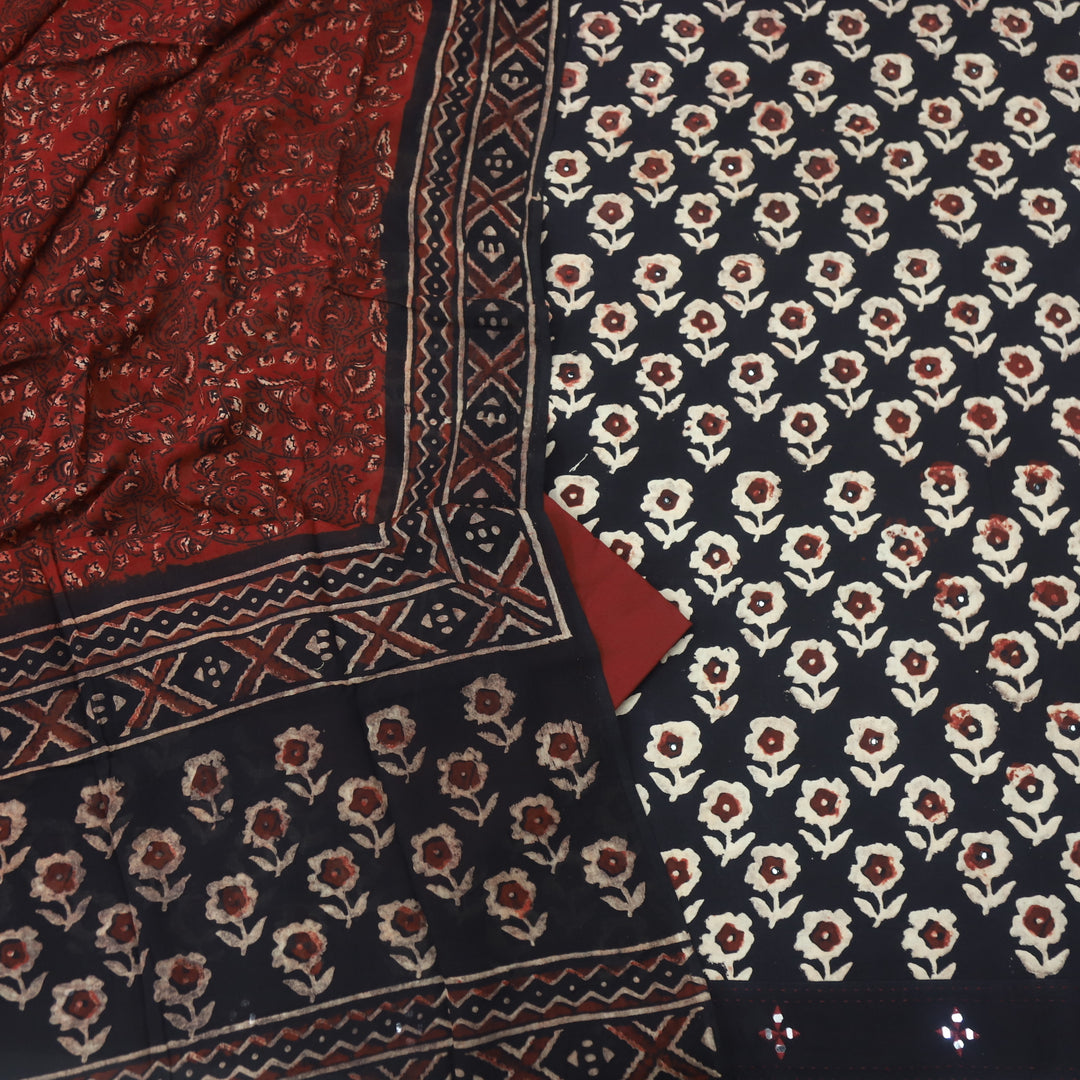 Sobiya Black Printed Top with Red Printed Dupatta Cotton Suit Set-D3