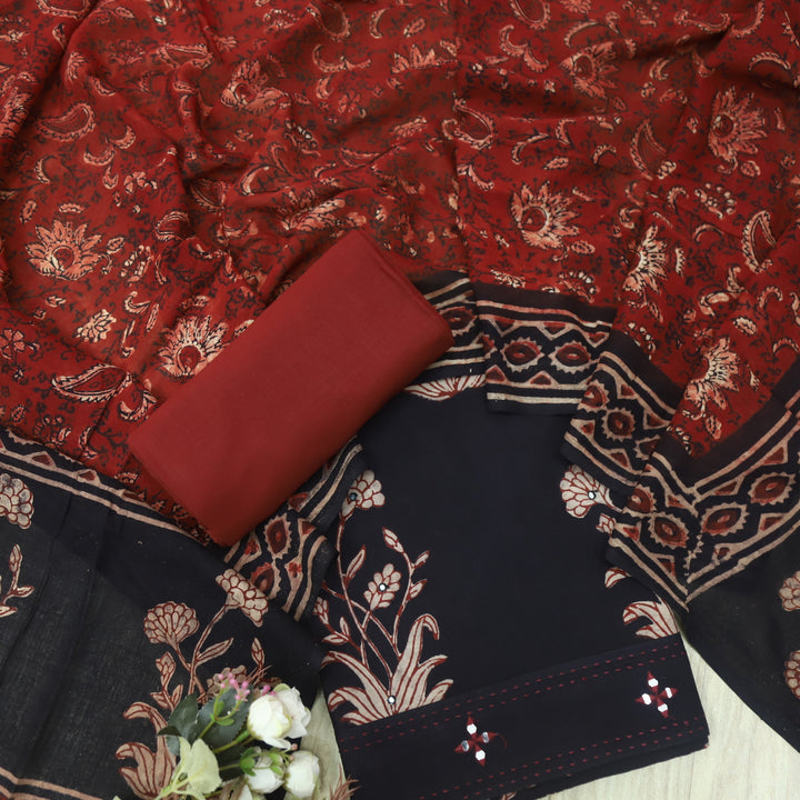 Sobiya Black Printed Top with Red Printed Dupatta Cotton Suit Set D1