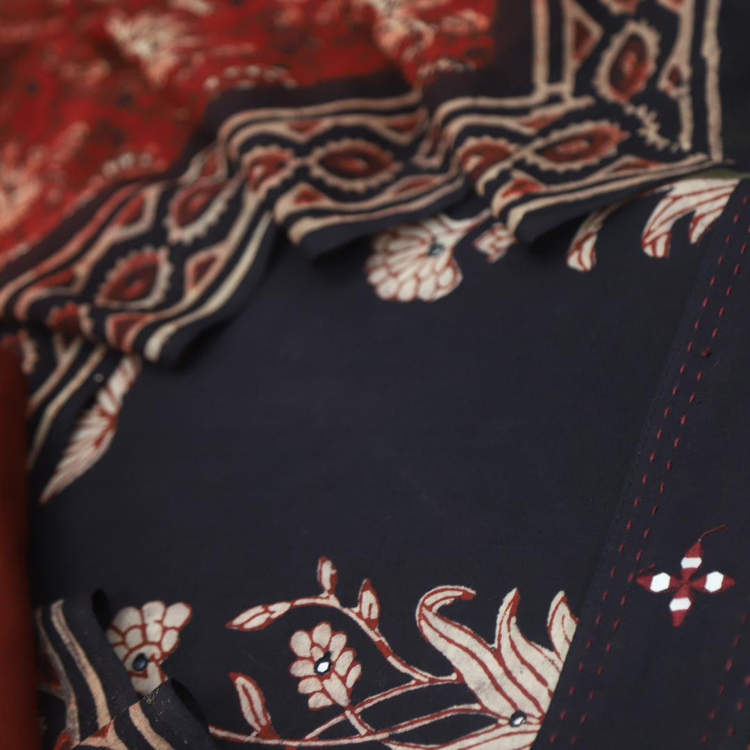 Sobiya Black Printed Top with Red Printed Dupatta Cotton Suit Set D1