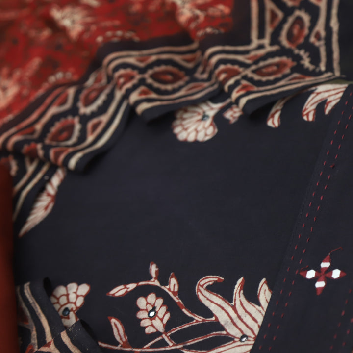 Sobiya Black Printed Top with Red Printed Dupatta Cotton Suit Set D1