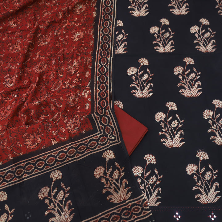 Sobiya Black Printed Top with Red Printed Dupatta Cotton Suit Set D1