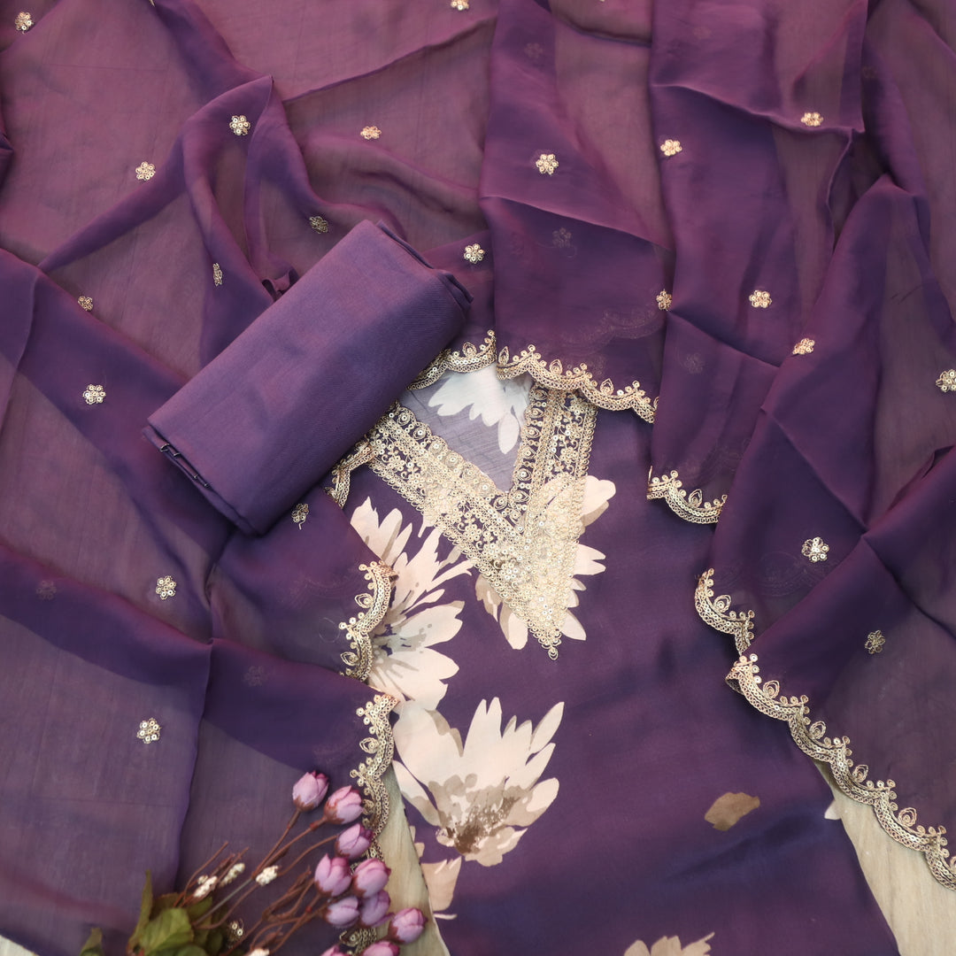 Naari Eggplant Purple V Embellish Neck Work Floral Print Muslin Suit Set