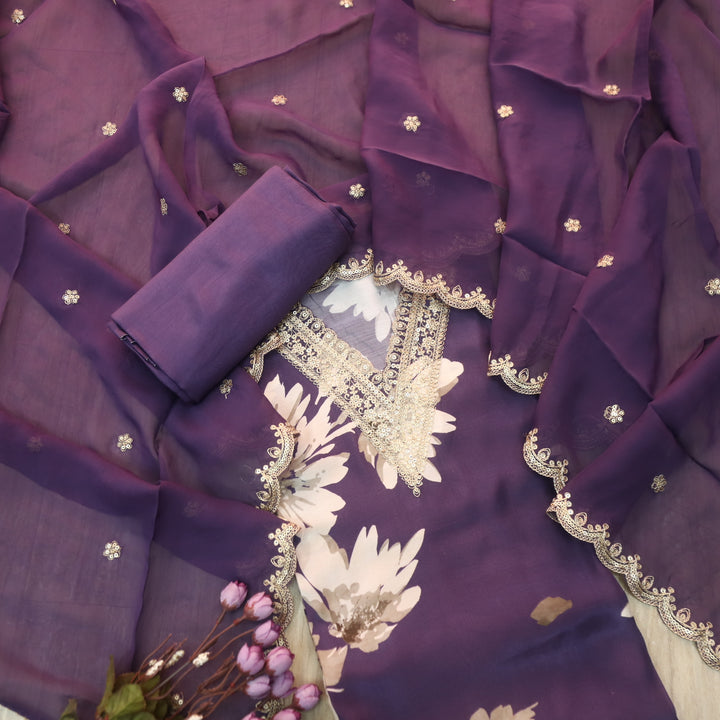 Naari Eggplant Purple V Embellish Neck Work Floral Print Muslin Suit Set