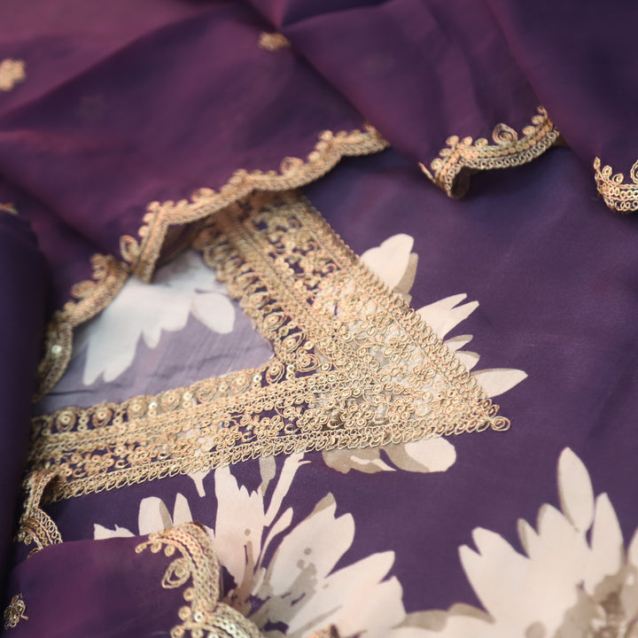 Naari Eggplant Purple V Embellish Neck Work Floral Print Muslin Suit Set