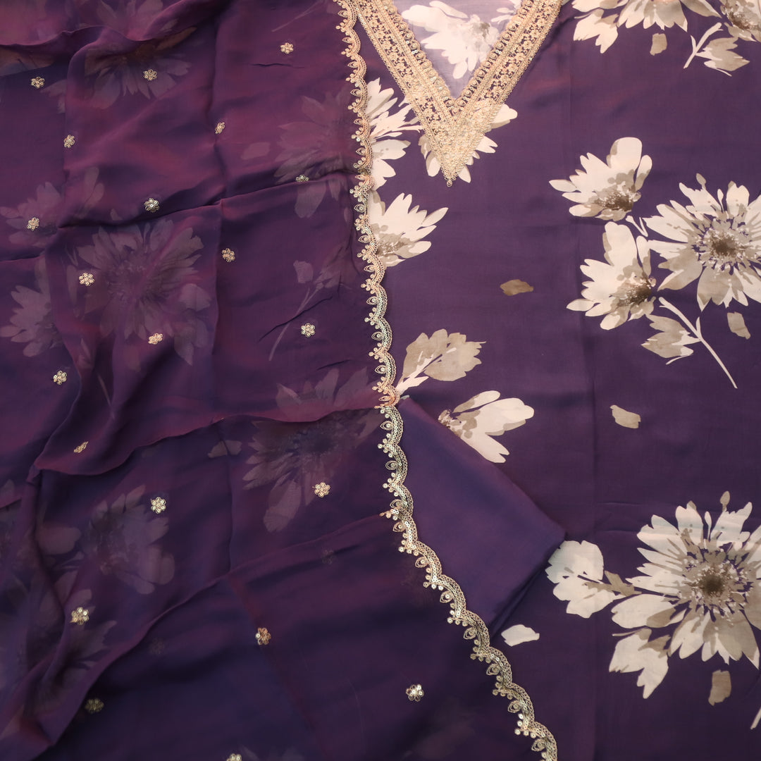 Naari Eggplant Purple V Embellish Neck Work Floral Print Muslin Suit Set