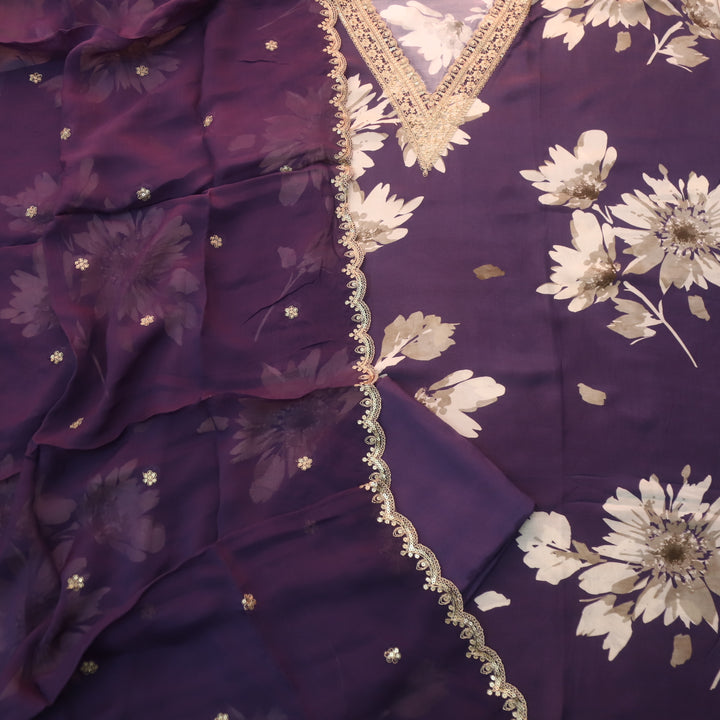 Naari Eggplant Purple V Embellish Neck Work Floral Print Muslin Suit Set