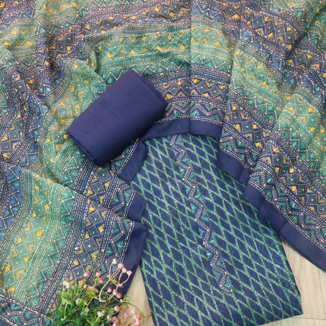 Kanyakumari Royal Blue Embroidered Neck with Kantha Work Dupatta