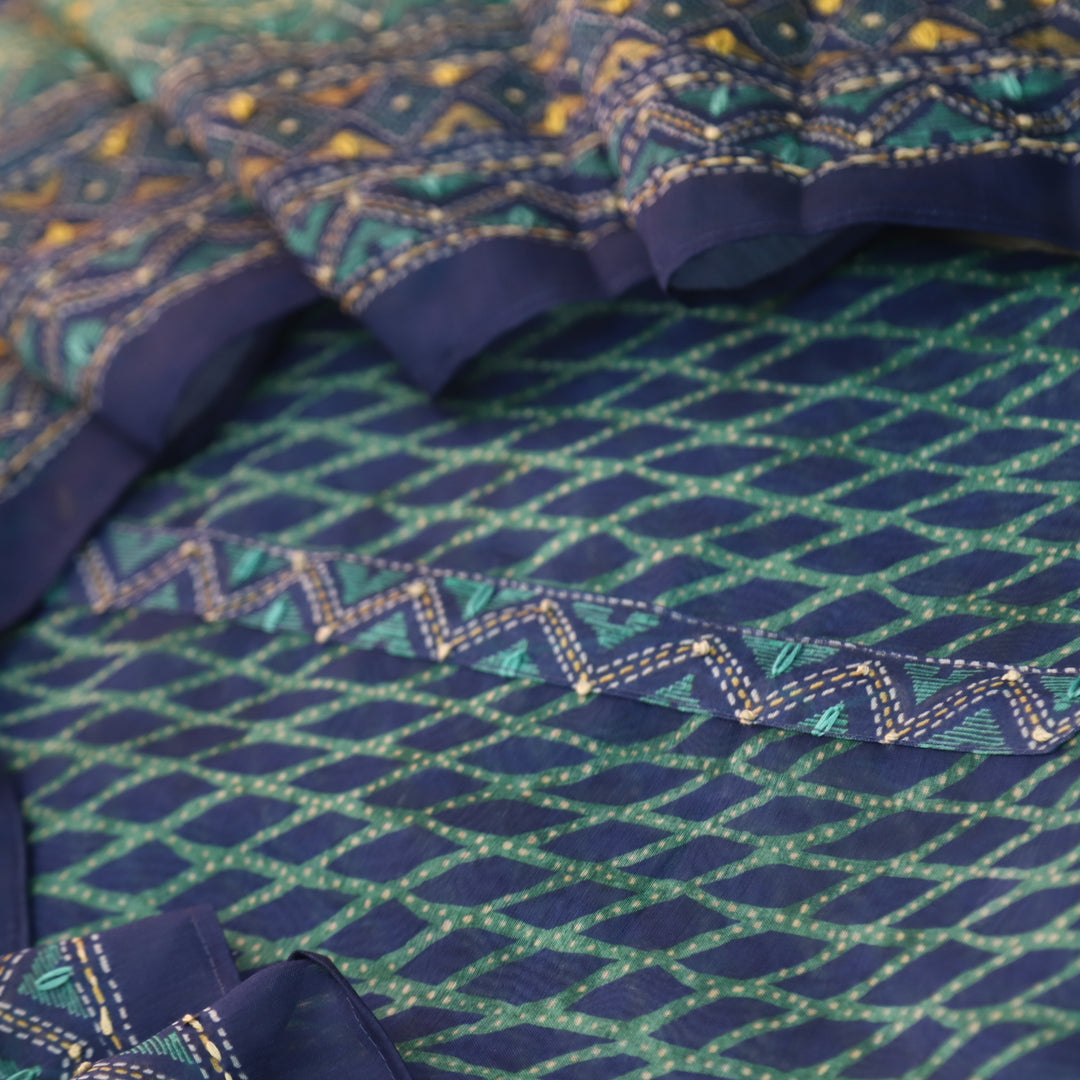 Kanyakumari Royal Blue Embroidered Neck with Kantha Work Dupatta