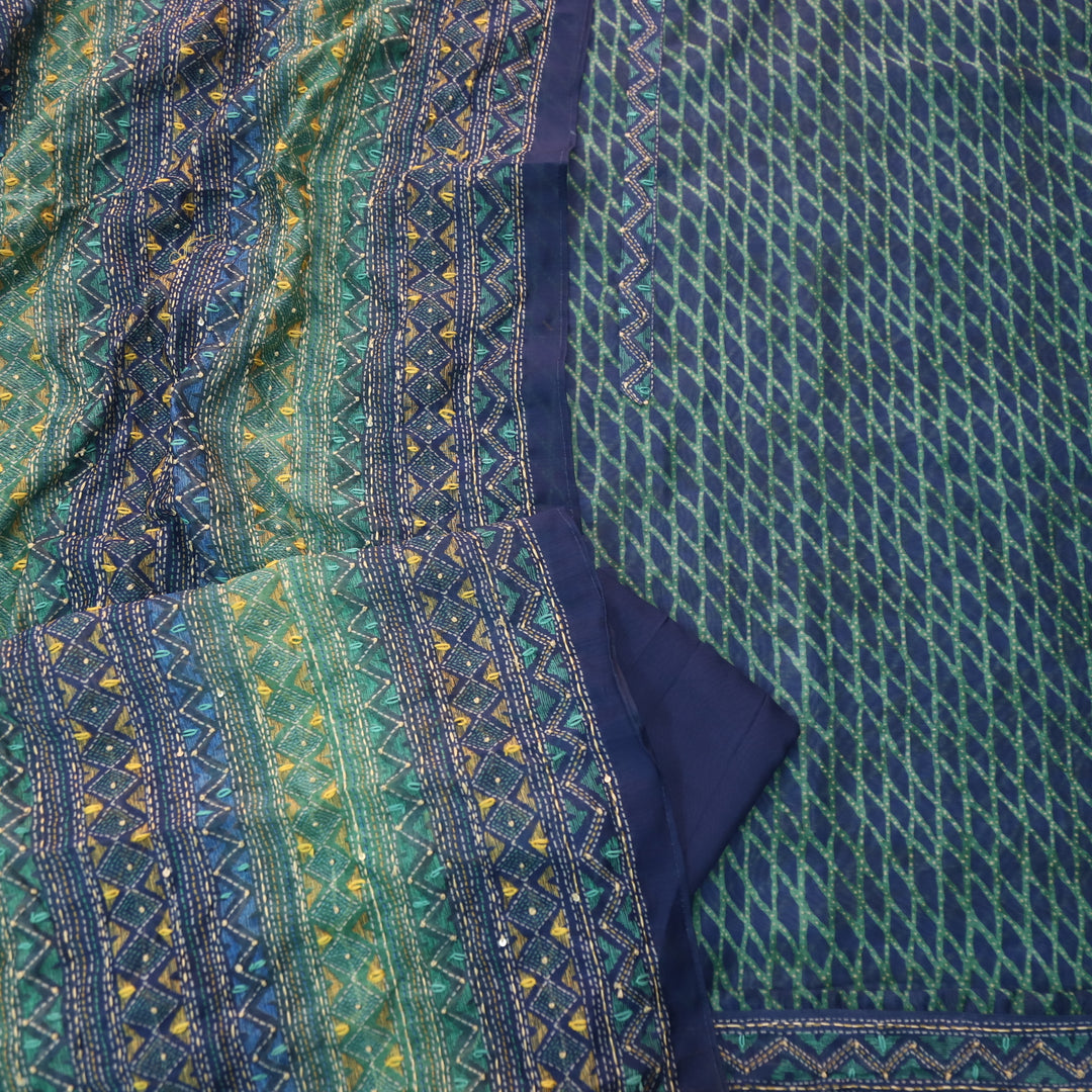 Kanyakumari Royal Blue Embroidered Neck with Kantha Work Dupatta