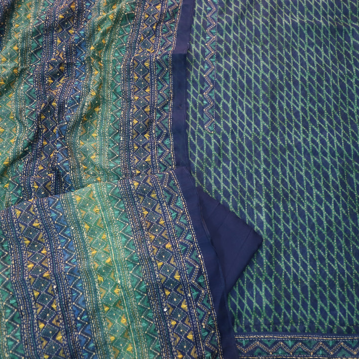 Kanyakumari Royal Blue Embroidered Neck with Kantha Work Dupatta