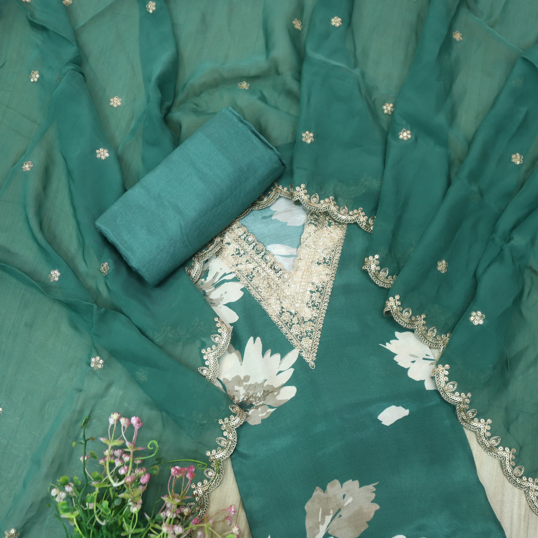 Naari Emerald Green V Embellish Neck Work Floral Print Muslin Suit Set