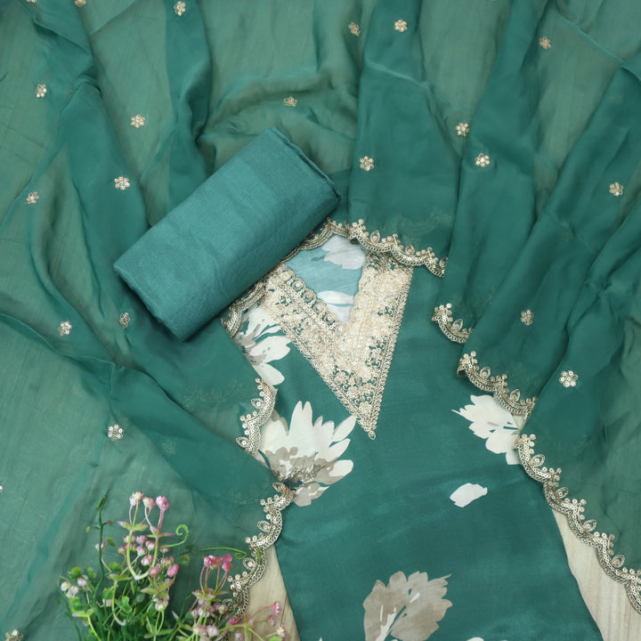 Naari Emerald Green V Embellish Neck Work Floral Print Muslin Suit Set