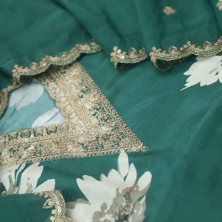 Naari Emerald Green V Embellish Neck Work Floral Print Muslin Suit Set