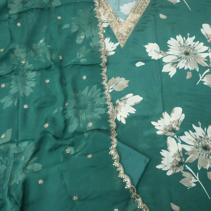 Naari Emerald Green V Embellish Neck Work Floral Print Muslin Suit Set