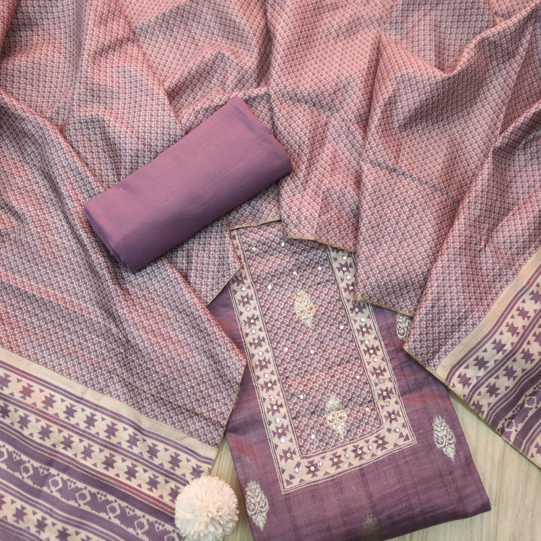 Ruhi Mulberry Purple Zari Weaved With Moti Work Tussar Chanderi Silk Suit Set