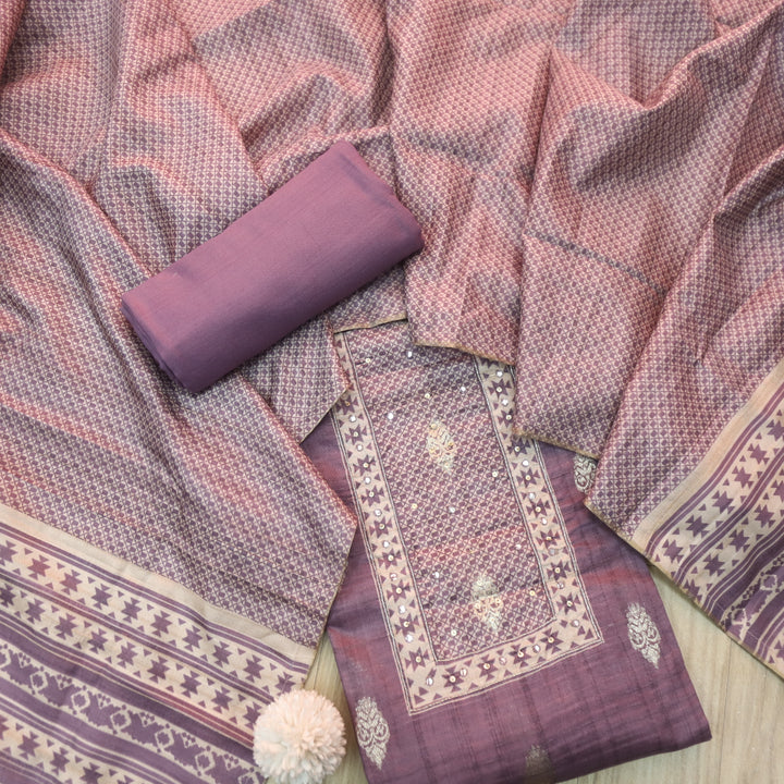 Ruhi Mulberry Purple Zari Weaved With Moti Work Tussar Chanderi Silk Suit Set