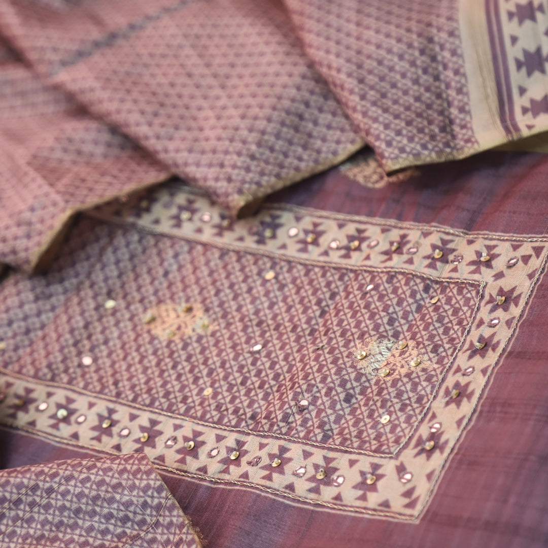 Ruhi Mulberry Purple Zari Weaved With Moti Work Tussar Chanderi Silk Suit Set