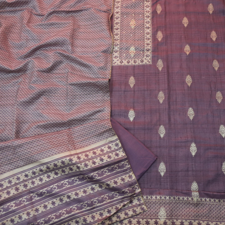 Ruhi Mulberry Purple Zari Weaved With Moti Work Tussar Chanderi Silk Suit Set