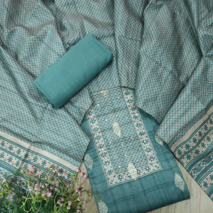 Ruhi Dark Turquoise Zari Weaved With Moti Work Tussar Chanderi Silk Suit Set