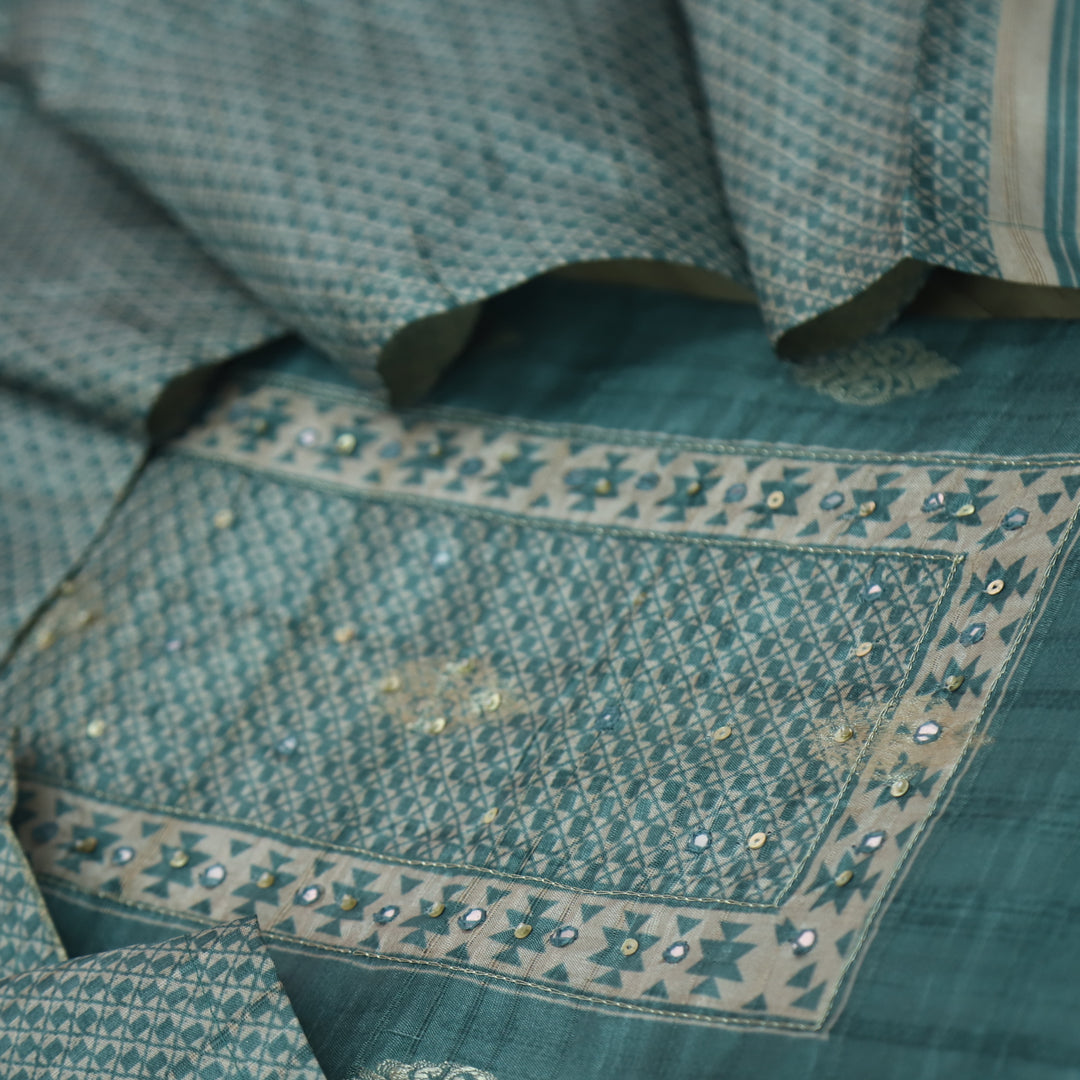 Ruhi Dark Turquoise Zari Weaved With Moti Work Tussar Chanderi Silk Suit Set