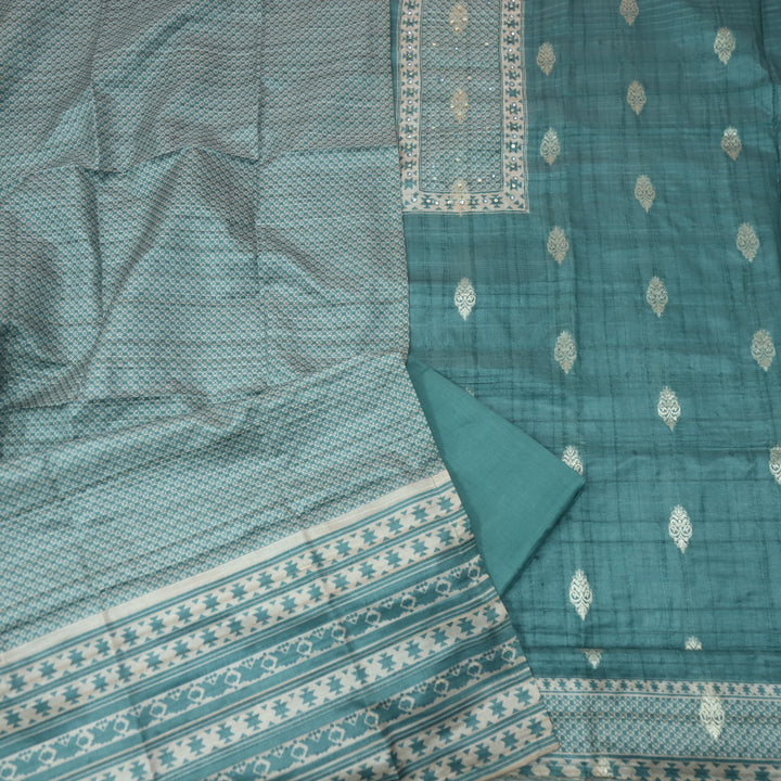 Ruhi Dark Turquoise Zari Weaved With Moti Work Tussar Chanderi Silk Suit Set