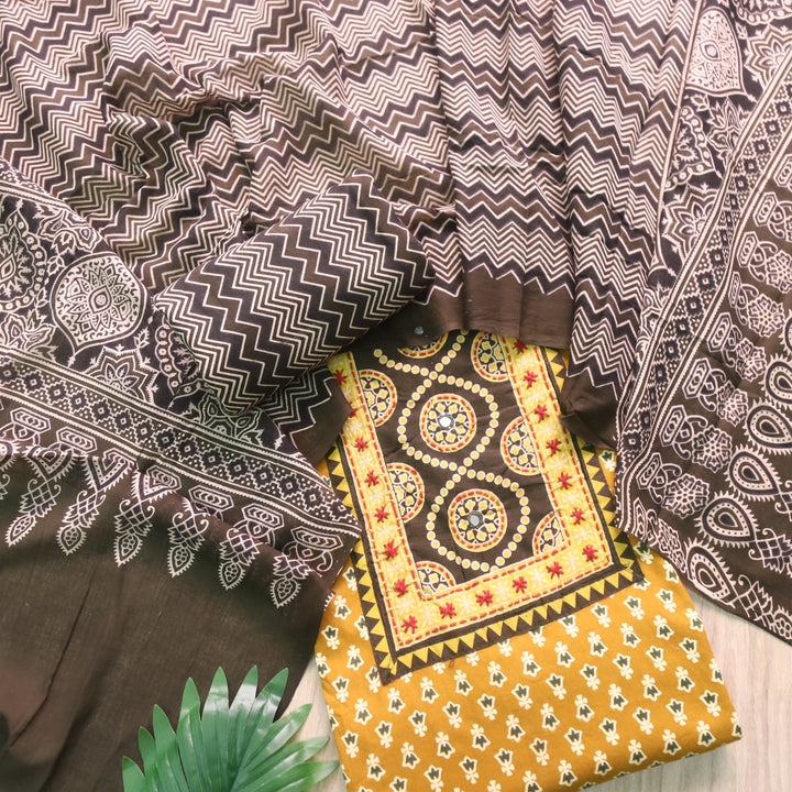 Noorani Corn Yellow Ajrak Printed with Mirror Detailing Cotton Suit Set