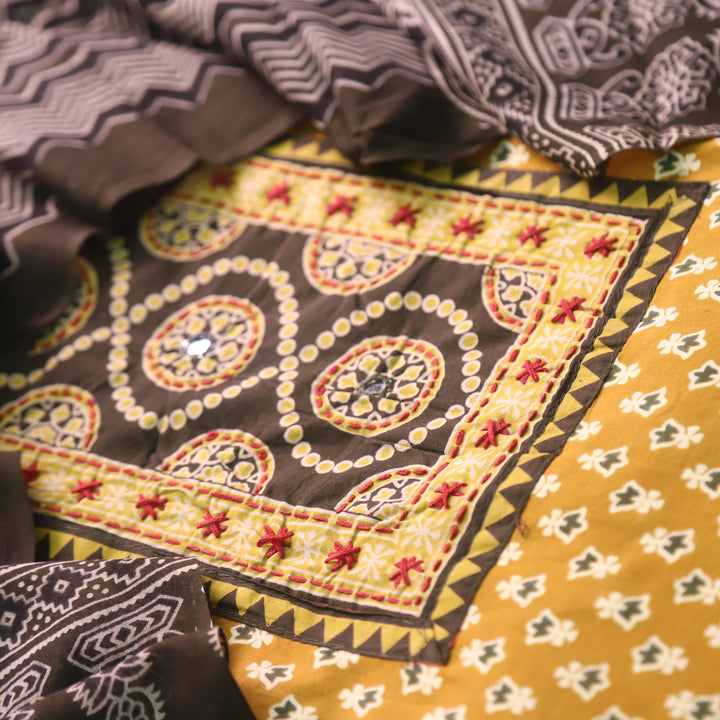 Noorani Corn Yellow Ajrak Printed with Mirror Detailing Cotton Suit Set