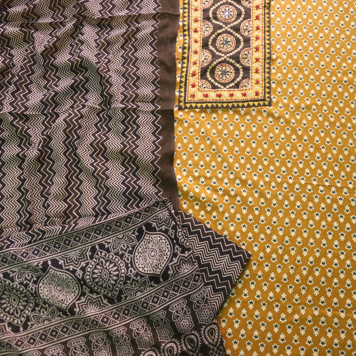Noorani Corn Yellow Ajrak Printed with Mirror Detailing Cotton Suit Set