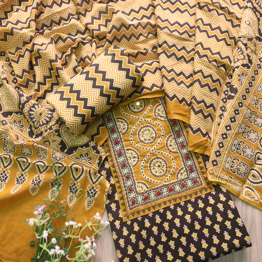 Noorani Forest Green Ajrak Printed with Mirror Detailing Cotton Suit Set