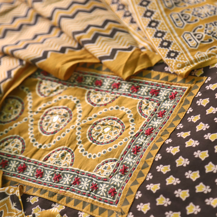 Noorani Forest Green Ajrak Printed with Mirror Detailing Cotton Suit Set