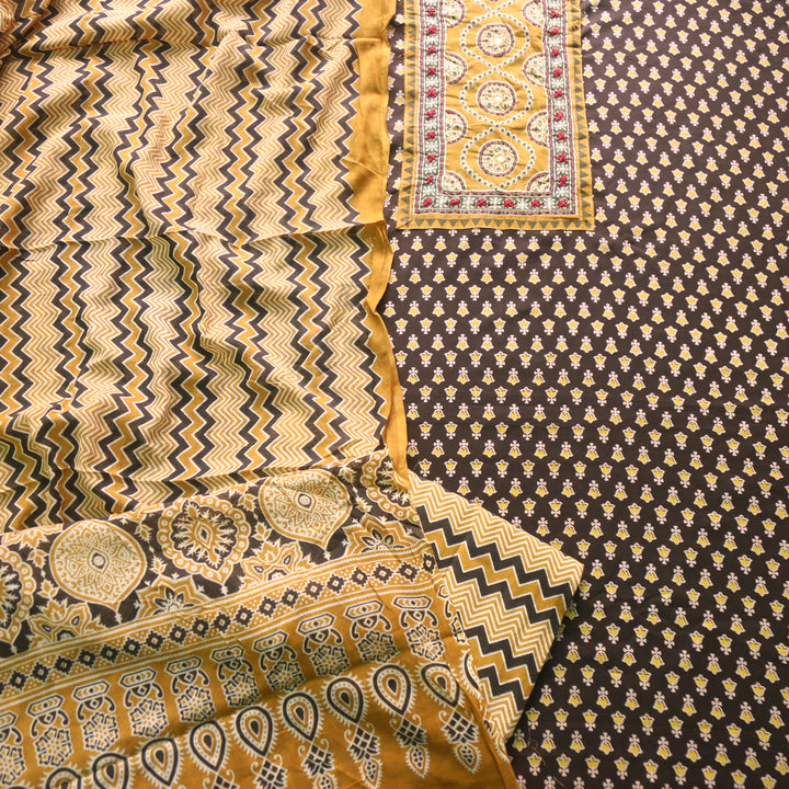 Noorani Forest Green Ajrak Printed with Mirror Detailing Cotton Suit Set