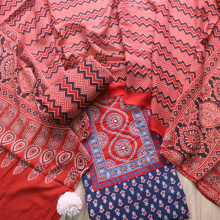 Noorani Denim Blue Ajrak Printed with Mirror Detailing Cotton Suit Set