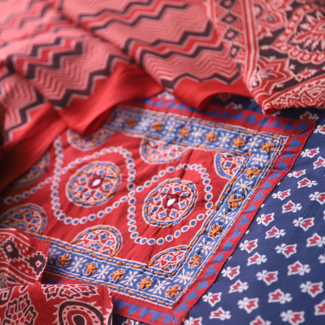 Noorani Denim Blue Ajrak Printed with Mirror Detailing Cotton Suit Set