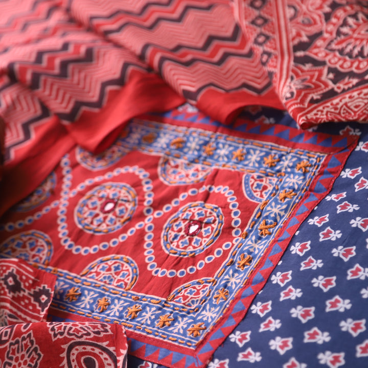 Noorani Denim Blue Ajrak Printed with Mirror Detailing Cotton Suit Set