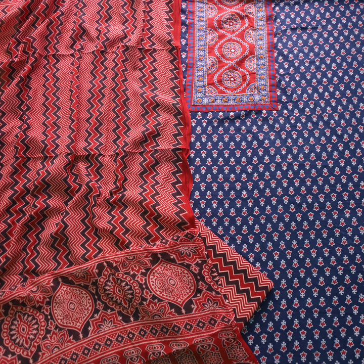 Noorani Denim Blue Ajrak Printed with Mirror Detailing Cotton Suit Set