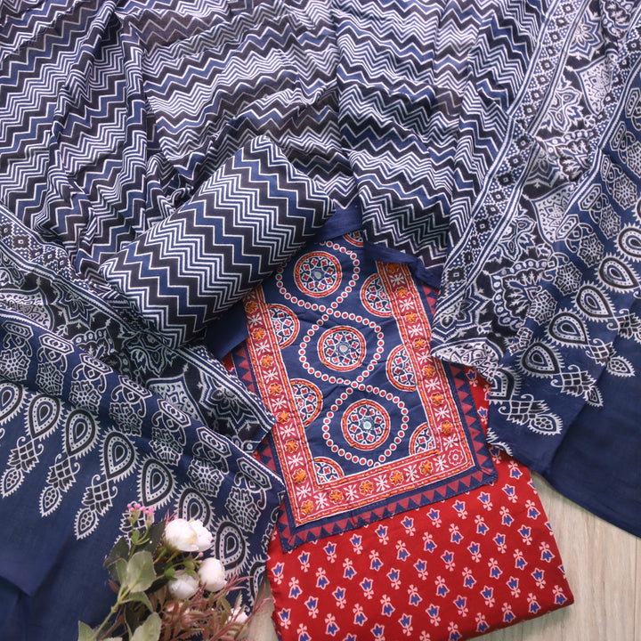 Noorani Apple Red Ajrak Printed with Mirror Detailing Cotton Suit Set